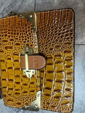 Croc-Embossed Amber Brown Crossbody Clutch